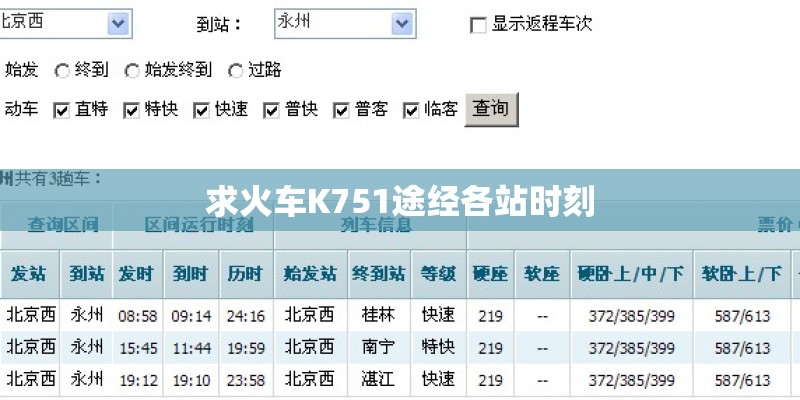 求火车K751途经各站时刻